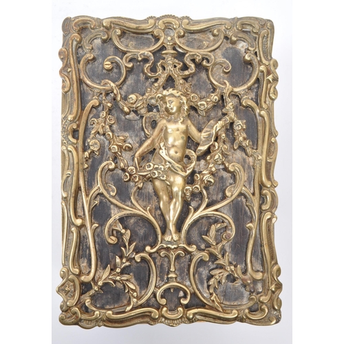 298 - A wooden and lead lined tea caddy cased in a brass decorative fixture. Pattern depicting a woman in ... 