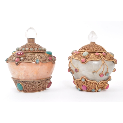 299 - A set of two small quartz pots (one pink, one white) with filigree metalwork and crystal / cabochon ... 