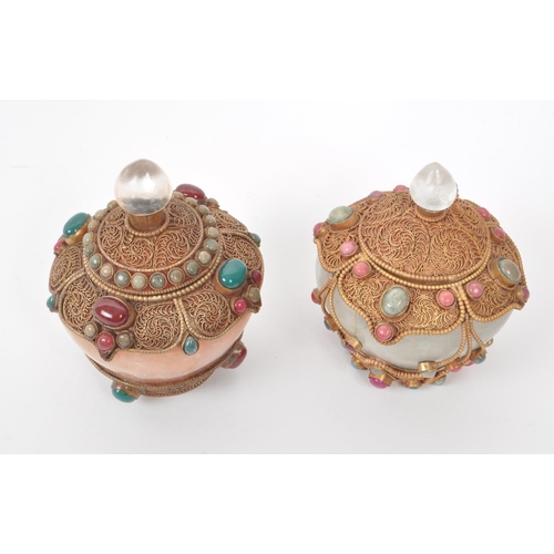 299 - A set of two small quartz pots (one pink, one white) with filigree metalwork and crystal / cabochon ... 