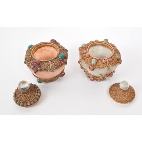 299 - A set of two small quartz pots (one pink, one white) with filigree metalwork and crystal / cabochon ... 