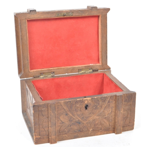 305 - A carved hardwood souvenir box lined with red imitation suede. Swiss in origin, carved with an edelw... 