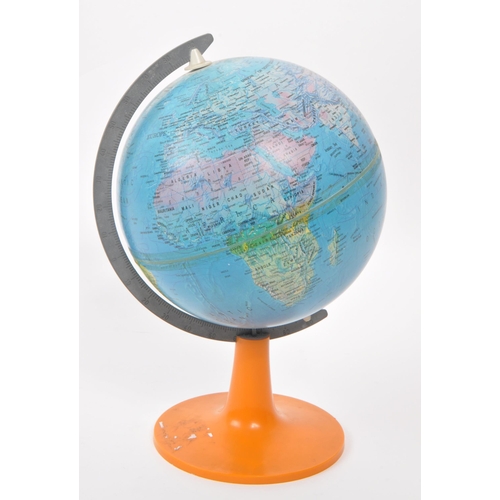 306 - A 1960s globe. Set with an orange stand and brass fitting, with printed topographical distinctions o... 