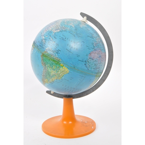 306 - A 1960s globe. Set with an orange stand and brass fitting, with printed topographical distinctions o... 