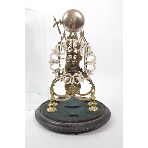 307 - A domed skeleton timepiece with wooden base. Gothic style brass metalwork with hand painted face and... 