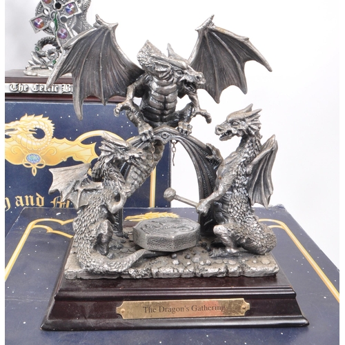 312 - Myth & Magic by The Tudor Mint - Four early 21st century cast pewter statue dragon figurines. In... 