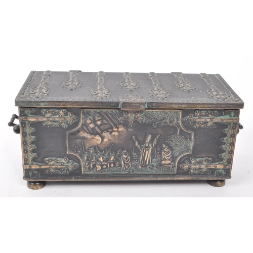 328 - Iron Art - A 20th-century Danish reproduction of a bronze box, with religious imagery on the front, ... 