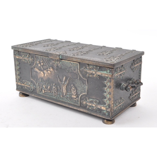 328 - Iron Art - A 20th-century Danish reproduction of a bronze box, with religious imagery on the front, ... 