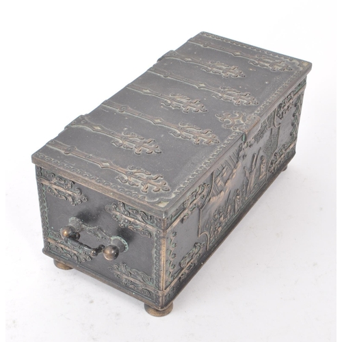 328 - Iron Art - A 20th-century Danish reproduction of a bronze box, with religious imagery on the front, ... 