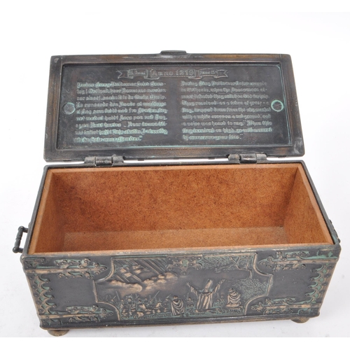 328 - Iron Art - A 20th-century Danish reproduction of a bronze box, with religious imagery on the front, ... 