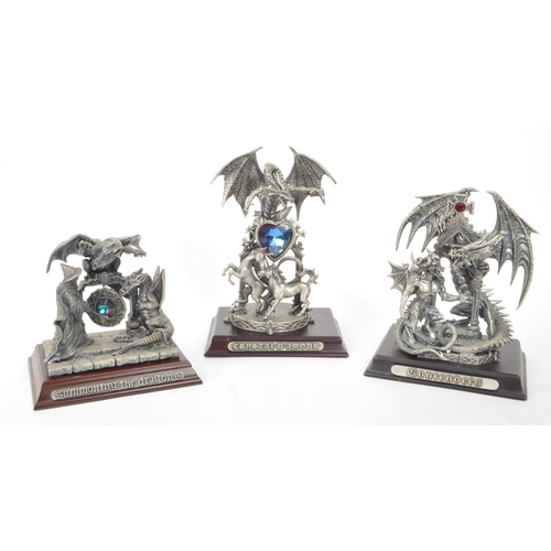 339 - Myth & Magic by The Tudor Mint - Three early 21st-century cast pewter statue dragon figurines. I... 