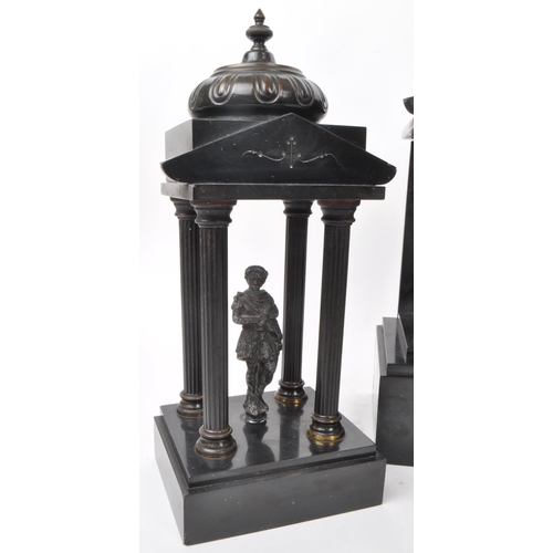 345 - An antique 1910 French slate mantel clock garniture, in three pieces. The slate clock features an en... 