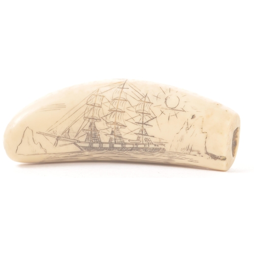 359 - Two 20th century resin scrimshaw sperm whale carved teeth. Dated May 12th 1836, ship Australia carve... 