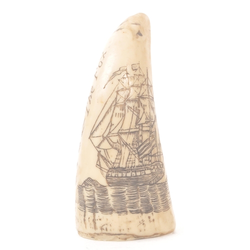 359 - Two 20th century resin scrimshaw sperm whale carved teeth. Dated May 12th 1836, ship Australia carve... 