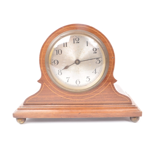 364 - Two Edwardian inlaid mahogany mantel clocks. One example with white face ebonised Roman numeral chap... 