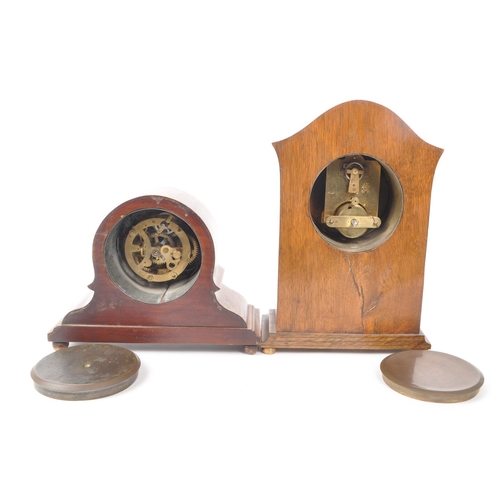 364 - Two Edwardian inlaid mahogany mantel clocks. One example with white face ebonised Roman numeral chap... 