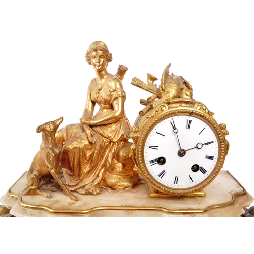 385 - JAPY FILS - An antique 19th-century mantel clock, with a stone main body, ormolu decoration, and a g... 