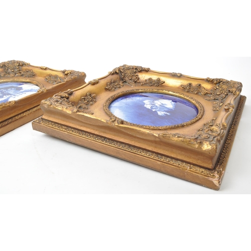 391 - Two vintage 20th-century framed Doulton-style blue / white porcelain plaques, both depicting two chi... 