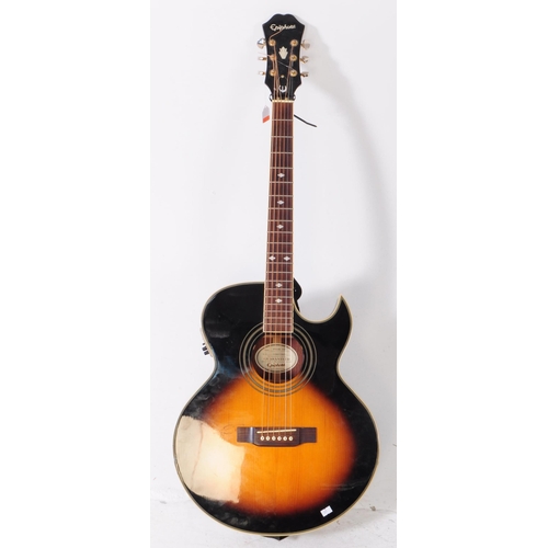 437 - Late 20th century Epiphone acousitc guitar with sunburst design and mother of pearl inlay on the hea... 