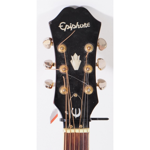 437 - Late 20th century Epiphone acousitc guitar with sunburst design and mother of pearl inlay on the hea... 