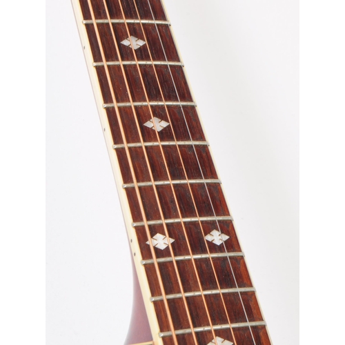 437 - Late 20th century Epiphone acousitc guitar with sunburst design and mother of pearl inlay on the hea... 