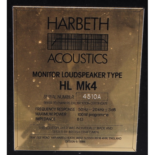 446 - Harbeth Acoustics - A pair of vintage 20th century Harbeth Acoustics HL MK4 monitor loudspeakers. Ea... 