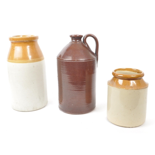 54 - Three 19th century pieces of stoneware jars, comprising of a Bourne Denby stoneware salt glaze inkwe... 