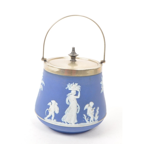 68 - Wedgwood - Jasperware - An early 20th century silver plate biscuit barrel. With shaped finial to top... 