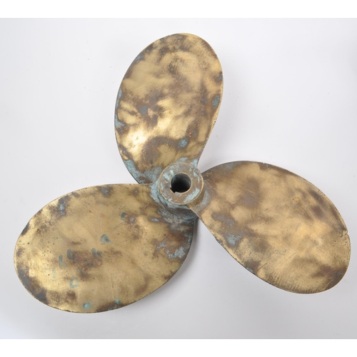 269 - Two vintage brass boat propellers, both with three blades. One numbered '360 02576' and the other nu... 