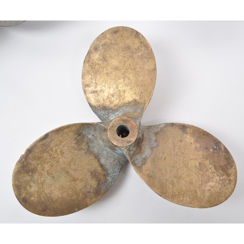 271 - Three vintage brass boat propellers. Each with three blades. One stamped with 'Issue 1' and numbered... 