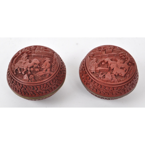 361 - Early 20th century red lacquered cinnabar trinket boxes. With farmer figures with goats, and Asian C... 