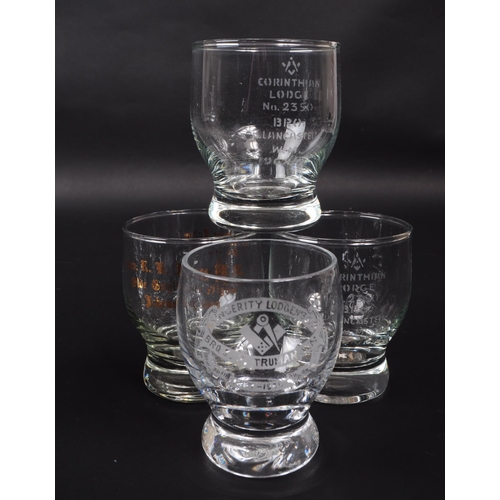 151 - A collection of twelve Masonic goblet / drinking glasses. To include Corinthian Lodge, Sincerity Lod... 