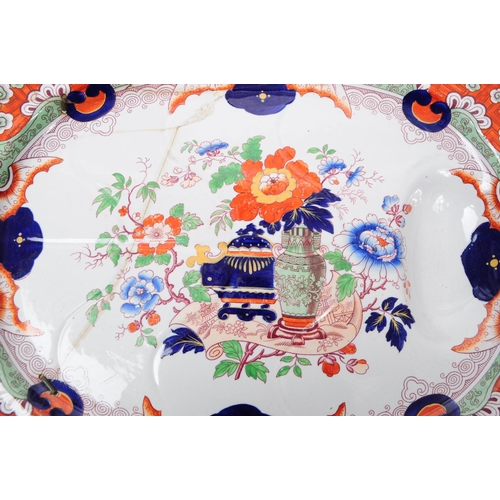 154 - Ironstone China - Late 19th century Imari patterned large meat platter, with metal harness and hook.... 