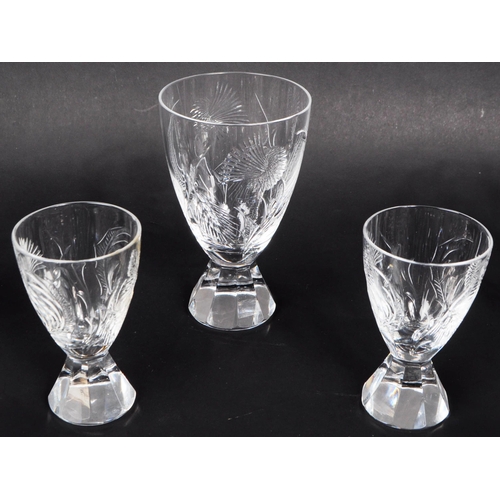 157 - Collection of mid century cut glass thistle flower design on faceted flared foot. Having eleven smal... 