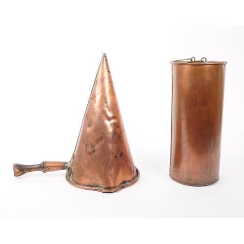 347 - 19th century Victorian copper cider set. Having a tapering funnel cider press with wooden handle, wi... 