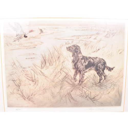 356 - Henry Wilkinson (1921 - 2011) - A 20th century coloured etching of a flat-coated retriever dog in a ... 