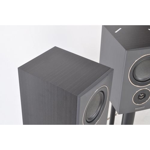 431 - Mission - Two modern loud speakers with stands. LX - 2 serial number MH028121BLG0462 - With mesh mag... 