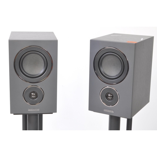 431 - Mission - Two modern loud speakers with stands. LX - 2 serial number MH028121BLG0462 - With mesh mag... 