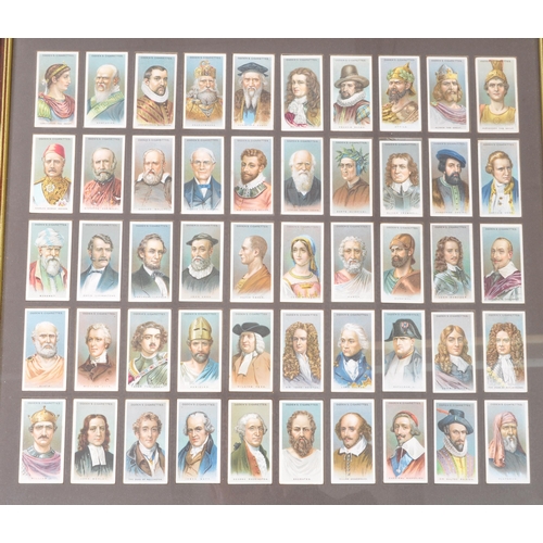 477 - A large collection of framed and glazed vintage 20th century cigarette cards to include cars,people,... 