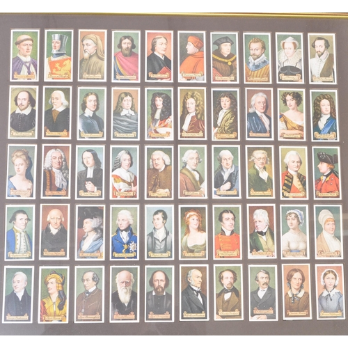 477 - A large collection of framed and glazed vintage 20th century cigarette cards to include cars,people,... 