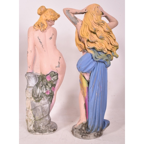 10 - A pair of decorative vintage mid century painted stone nude garden figures of ladies. Each in a neo ... 