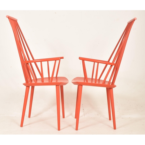 138 - Four vintage mid century Danish Design red stained stickback Windsor armchairs. Each armchair painte... 