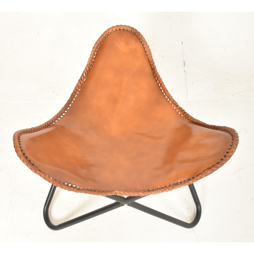 160 - After Jorge Ferrari-Hardoy - a contemporary brown leather & metal Butterfly chair with foot stoo... 