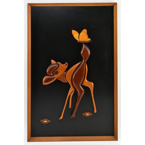 186 - A retro mid century circa 1970s hand made & carved teak wood panel artwork depicting Walt Disney... 