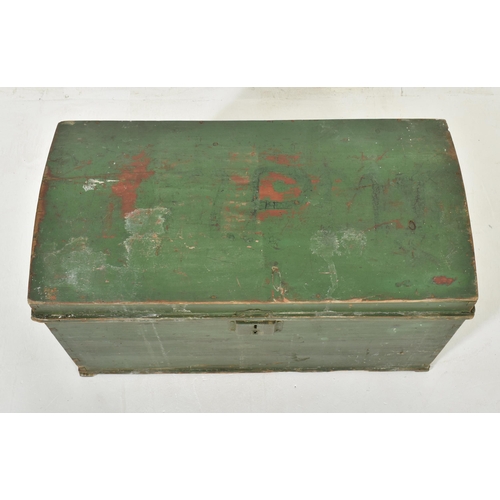 218 - An early 20th century green painted wooden dome top travel trunk chest. The trunk having a dome top ... 