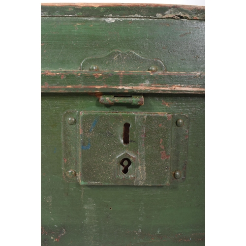 218 - An early 20th century green painted wooden dome top travel trunk chest. The trunk having a dome top ... 