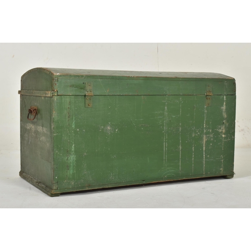 218 - An early 20th century green painted wooden dome top travel trunk chest. The trunk having a dome top ... 