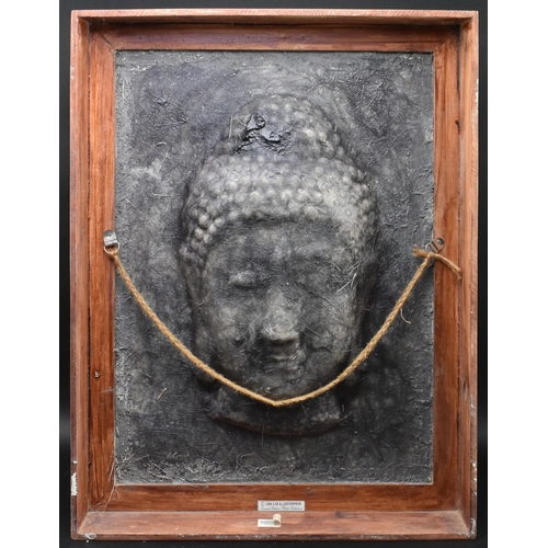 241 - A contemporary high end design moulded resin wall hanging artwork with in relief head of Buddha to c... 