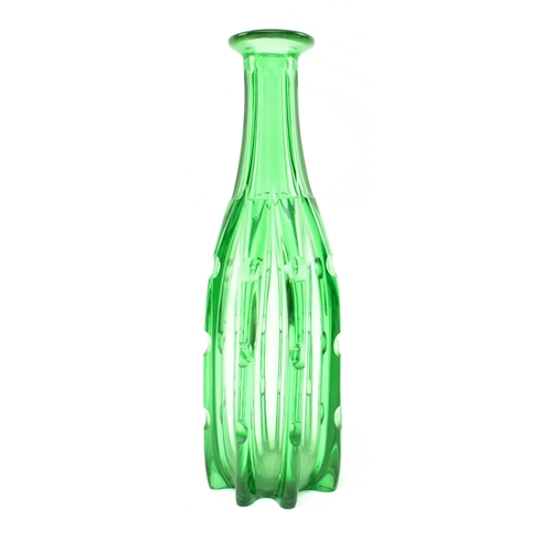 268 - A 1930s Arts & Crafts green glass pillar decanter bottle, along with a blue Holmegaard Kluk Kluk... 