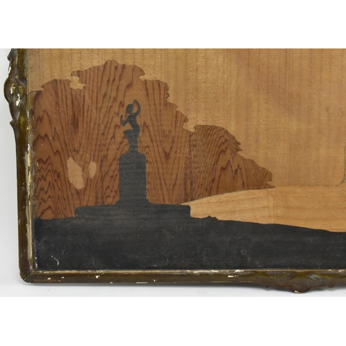 281 - A vintage 20th century Art Deco marquetry picture. The picture forming a landscape scene with a figu... 