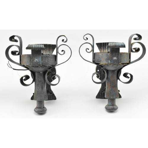 287 - A pair of vintage wrought iron and Murano inspired glass rustic wall sconces lights. Each sconce hav... 